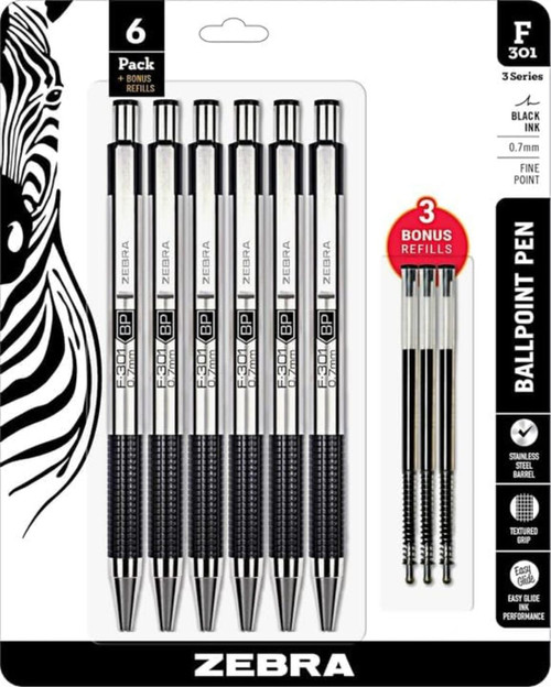 Zebra F-301 Retractable Ballpoint Pen with Stainless Steel Barrel 0.7mm Fine Point - Pack of 6 +3 Refills