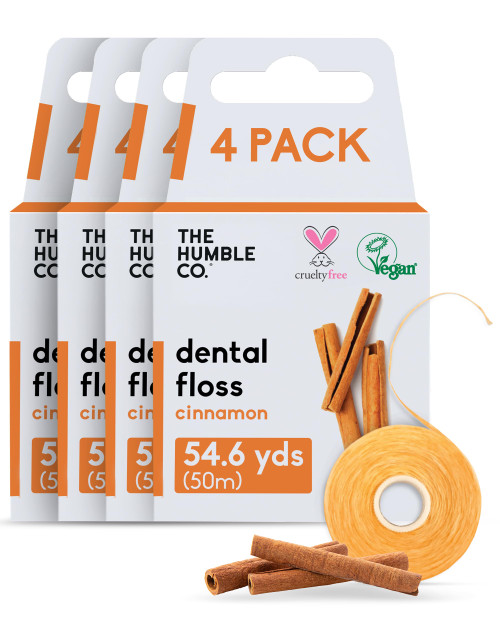 The Humble Co Cinnamon Dental Floss, 4 Pack - Vegan Expanding Dental Floss for Adult & Kids - Non-Toxic, Thick Expandable Floss for Gum Health - Oral Care & Hygiene - 220 Yards