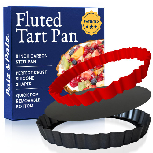 Patz&Patz Fluted Tart Pan 9 Inch Removable Bottom with Patented Silicone Crust Shaper | Nonstick Carbon Steel Quiche Baking Dish, Fruit Tart Molds for Baking, Quiche Pan & Pie Mold - PFOA & PTFE-Free Patz&Patz Fluted Tart Pan 9 Inch Removable Bottom with Patented Silicone Crust Shaper | Nonstick Carbon Steel Quiche Baking Dish, Fruit Tart Molds for Baking, Quiche Pan & Pie Mold - PFOA & PTFE-Free