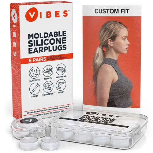 Silicone Ear Plugs - 6 Pairs Vibes Reusable Earplugs For Sleep, Custom Waterproof Moldable Gel, 32 dB Best Sound Blocking Earplug, Noise Reduction in Sleeping, Travel, Swimming, Studying, Construction