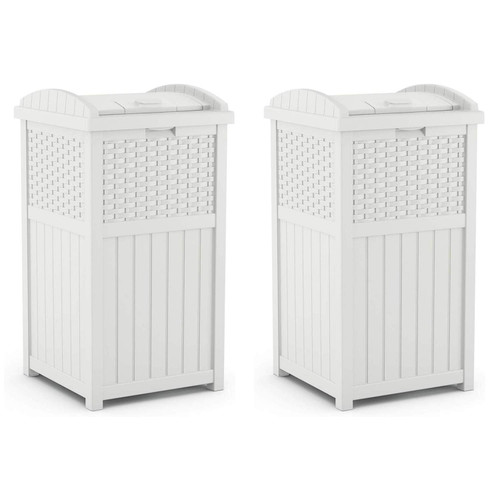 Suncast Wicker Plastic Outdoor Hideaway 33 Gallon Trash Can Bin with Latching Lid for Backyard, Deck, or Patio Use, White (2 Pack)