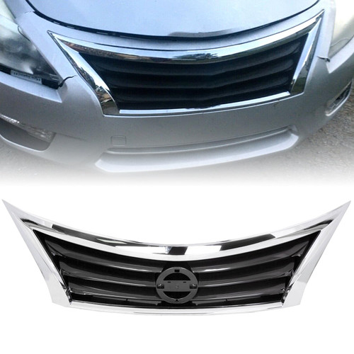 HECASA Front Bumper Grill Compatible with 2013 2014 2015 Nissan Altima 623103TA0A NI1200250 Upper Grille Chrome Shell Black Insert Sedan Assembly