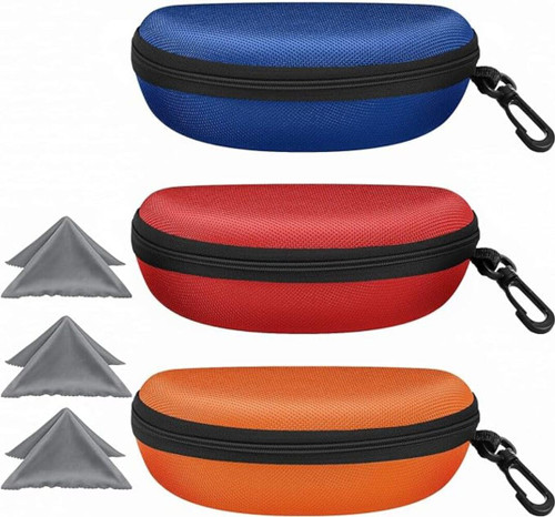 ZONLY 3 Pack Sunglasses Case Portable Travel Zipper Eyeglasses Case Hook With Cleaning Cloth (B-red+blue+orange)