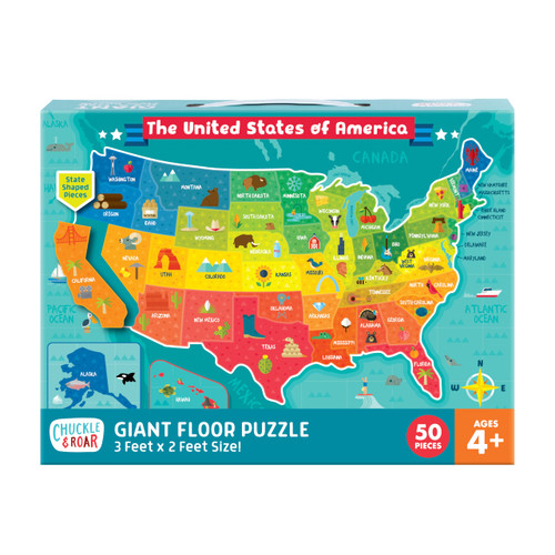 Chuckle & Roar - USA Map Floor Puzzle for Kids - Giant Puzzle with 50 State-Shaped Pieces - Educational Geography Puzzle for Preschool Hands - 3 ft x 2 ft Jumbo America Puzzle Ages 4+