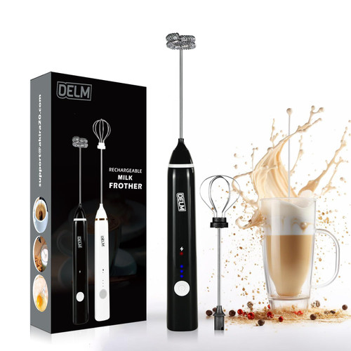 Delm Milk Frother Electric USB Stainless Steel Accessory - Frother Wand Foam Maker for Lattes - Milk Frother Handheld for Cappuccino, Frappe, Matcha, Hot Chocolate - Frother for Coffee (black)