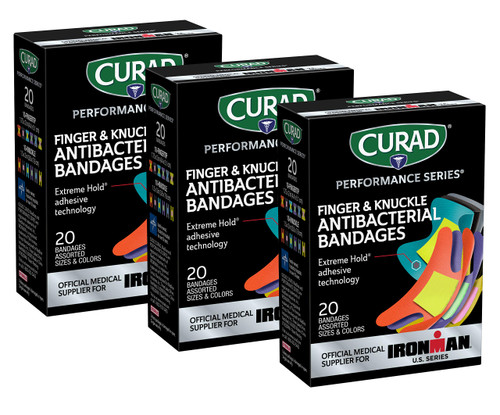 CURAD Performance Series IRONMAN Antibacterial Bandages, Extreme Hold Adhesive Technology, Finger & Knuckle Bandages, Flexible Fabric, Variety Pack with Assorted Sizes & Colors, ( Pack of 3)