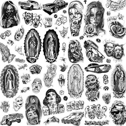 TASROI 6 Sheets Large Chicano Temporary Tattoos For Men Women Adult, Chicana Guadalupe Gangster Fake Tattoos Prisoner Day of the Dead, Halloween Mexico Tattoo Stickers, Tatuajes Temporales Autocolante