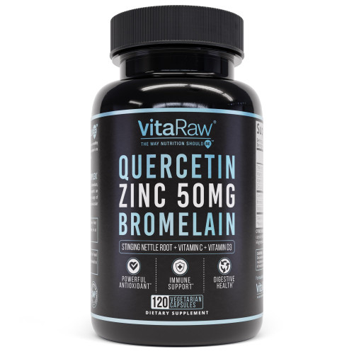 VitaRaw Quercetin with Bromelain 500mg Capsules, Supports Immune Response, Joint Comfort, & Overall Wellness - Vitamin C, Zinc 50mg, & Vitamin D3 5000 IU - Immunity Health Pills