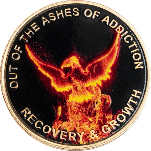 Out of The Ashes of Addiction Color Phoenix Rising from Flames Sobriety Medallion Bronze