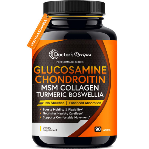 Doctor's Recipes Glucosamine Chondroitin MSM Turmeric Quercetin, with Black Pepper for High Absorption, No Shellfish, 90 Tablets