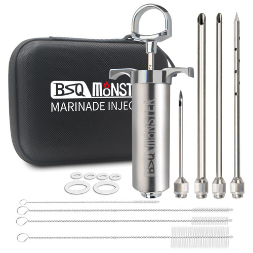 BSQ MONSTER Meat Injector Syringe Kit with 4 Professional Marinade Injector Needles and Travel Case for BBQ Grill Smoker, Turkey, Brisket; 2-oz Capacity; Paper User Manual and E-Book (PDF)