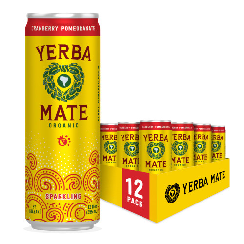 Yerba MateOrganic Sparkling Yerba Mate, Cranberry Pomegranate, 80mg Natural Plant Based Caffeine, Smooth Energy & Focus, Carbonated, 12 Oz (Pack of 12) (Packaging May Vary)