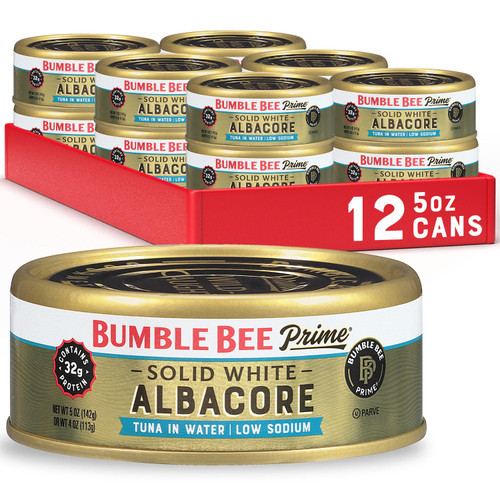 Bumble Bee Prime Low Sodium Solid White Albacore Tuna in Water, 5 oz Cans (Pack of 12) - Premium Wild Caught Tuna - 32g Protein per Serving - Non-GMO Project Verified, Gluten Free, Kosher
