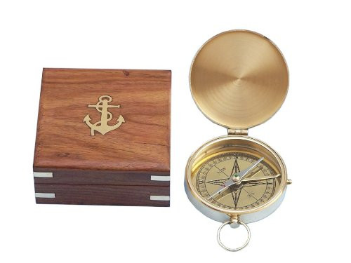 Hampton Nautical Solid Brass Gentlemen's Compass with Rosewood Box, 4", Brass