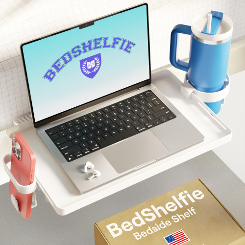 BedShelfie Bedside Shelf for Dorm Room Bunk Bed & Top Bunk, College Dorm Room Essentials, Bedside Caddy, Clip on Floating Tray, Bed Side Table Storage, Loft Nightstand Decor - Dorm Essential, White