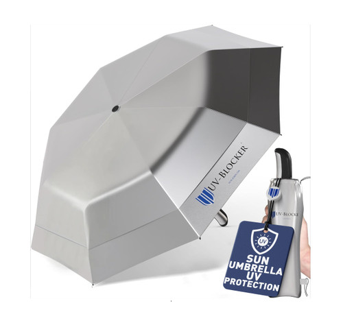 UV-Blocker Sun Umbrella UV Protection Large Folding Umbrella - Sun Blocking - Windproof - Auto Open - Vented Double Canopy - UPF 55+ - Blocks 99% of UVA UVB Rays - 58"