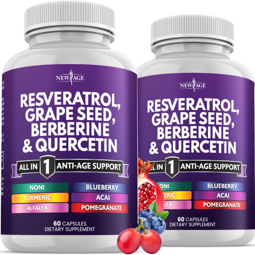 NEW AGE Resveratrol, Berberine, Grape Seed Extract, Quercetin, Polyphenol Supplement for Women and Men with Noni Extract, N-Acetyl Cysteine, Acai Extract - 120 Capsules NEW AGE Resveratrol, Berberine, Grape Seed Extract, Quercetin, Polyphenol Supplement for Women and Men with Noni Extract, N-Acetyl Cysteine, Acai Extract - 120 Capsules