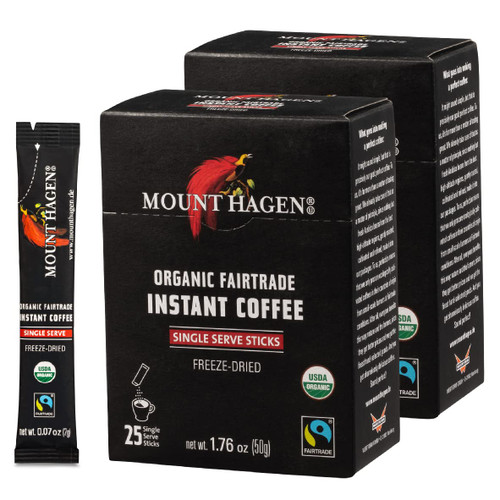 Mount Hagen 25 Count Single Serve Instant Coffee Packets - 2 Pack | Organic Medium Roast Arabica Beans | Eco-friendly, Fair-Trade [2 x 25 sticks/1.76oz/50g]