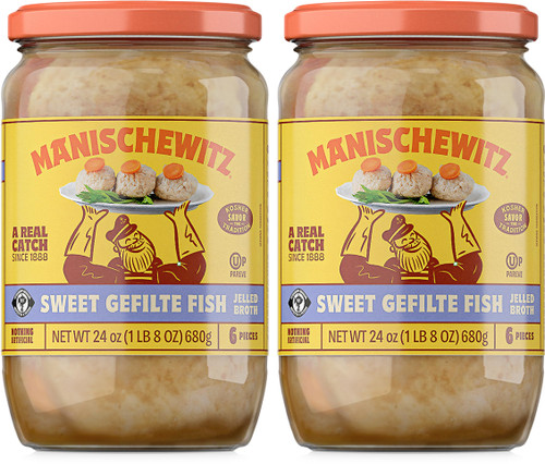 Manischewitz Sweet Gefilte Fish in Jelled Broth 24oz (2 Pack), Packed with Protein, No Added MSG, Kosher for Passover