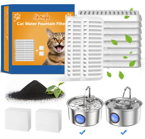 Kenida Pet Water Fountain Filters, Compatible with Kenida 8L/270oz Stainless Steel Dog Water Fountain,10 Filters with 2 Sponges Replacement Set, Multi-Filtration System