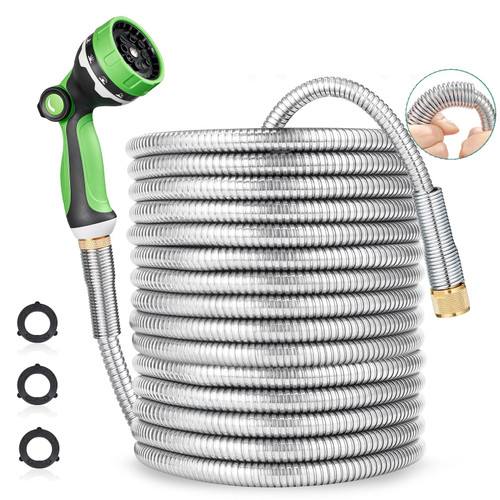 HOMEIDEAS 100 ft Leak-proof Stainless Steel Metal Garden Hose Set - Newly Premium SUS304 Spring Protective Sleeve, Anticorrosive 3/4" Brass Fittings - Perfect for Outdoor Watering