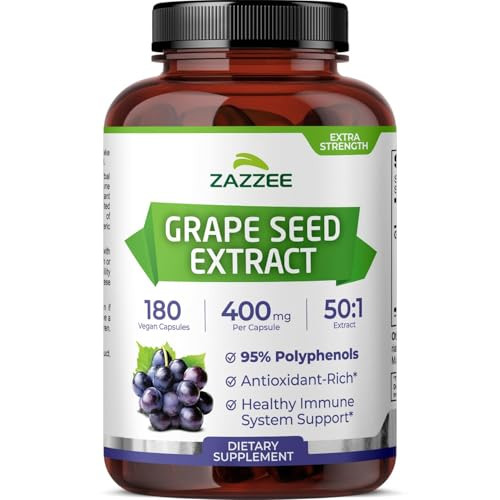 Zazzee High Strength Grape Seed 50:1 Extract, 180 Vegan Capsules, 95% Polyphenols, 400 mg per Capsule, 6 Month Supply, Standardized and Concentrated 50X Extract, Non-GMO, Made in The USA Zazzee High Strength Grape Seed 50:1 Extract, 180 Vegan Capsules, 95% Polyphenols, 400 mg per Capsule, 6 Month Supply, Standardized and Concentrated 50X Extract, Non-GMO, Made in The USA