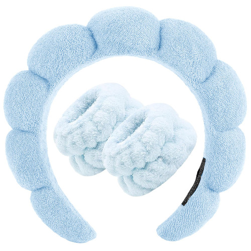 Zkptops Spa Headband for Washing Face Wristband Set Sponge Makeup Skin Care Terry Cloth Bubble Soft Get Ready Light Blue Hairband Women Girls Puffy Padded Headwear Non Slip Thick Hair Accessory