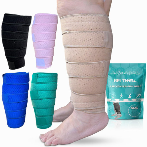 Beltwell® Adjustable Lymphedema Calf Compression Wrap for Swelling, Edema, Lipedema, Circulation, Heaviness, Pain - Easy to put on (Beige, L-TALL) 1 Wrap