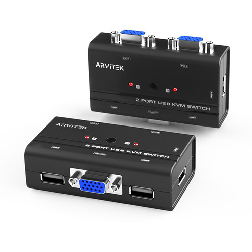 2 Port VGA KVM Switch w/2 KVM Cables, Arvitek USB VGA Switch to Share 1 Monitor and 3 USB Devices Between 2 Computers, Supports 1920×1440, No Hotkey Support