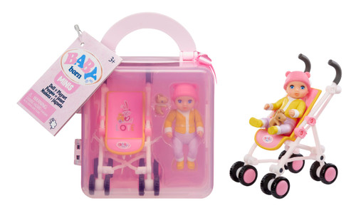 Baby Born MINIS Playset - Light Skin Tone Doll with Blue Eyes, Stroller & Animal Friend Accessory, Includes Reusable Carrying Case for On-The-Go Playtime