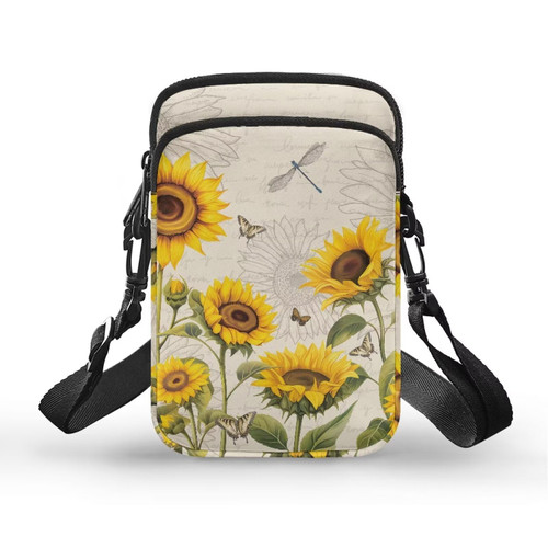 Rweroyiu Sunflower Dragonfly Small Crossbody Bags Purses for Women, Mini Crossbody Cell Phone Purse Wallet for Girls, Floral Travel Shoulder Bag