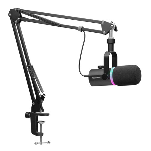 FEELWORLD PM1 XLR USB Dynamic Microphone with Boom Arm Stand Gifts for Podcast Recording PC Computer Gaming Live Streaming Vocal Voice-Over, Studio Metal Mic, RGB Light, Mute Button, Headphones Jack