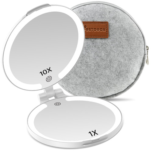 FUNTOUCH Travel Mirror with Lights and Magnification, 1X/10X Double Sided Makeup Vanity Mirror with 3 Color Setting, Christmas Birthday Gifts for Women Girls with Bag