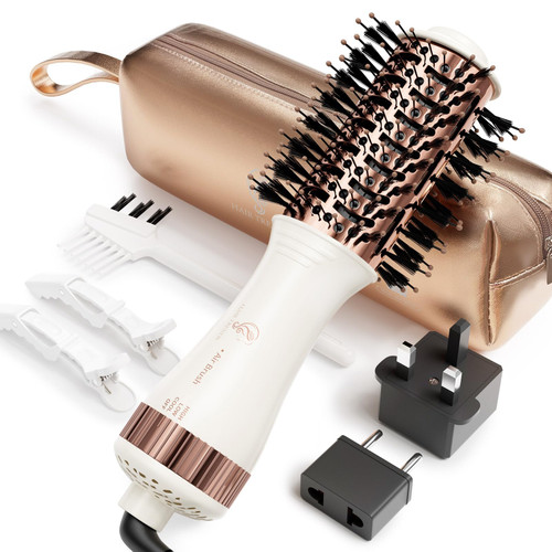 Travel Blow Dryer Brush in one, Dual Voltage 110V-240V Mini Hot Air Brush, Hair Trends Nano Titanium 2 Inch One Step Hair Dryer and Styler Volumizer Oval Shape