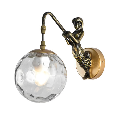 Bofea-Vintage Mermaid Wall Lamp,1-Lights Gold Wall Sconce with Hand-Hammered Clear Glass Shade,Gold Bathroom Vanity Lights,Art Decor Resin Wall Light for Bathroom Living Room Hallway.