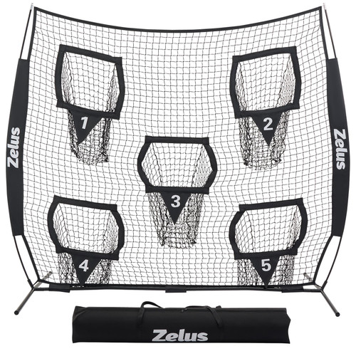 ZELUS 8 x 8ft Football Throwing Net, Quarterback Training Equipment with 5 Target Pockets, Football Practice Throwing Passing Accuracy Trainer with Carry Bag Ground Stakes for Kids Adults, Black