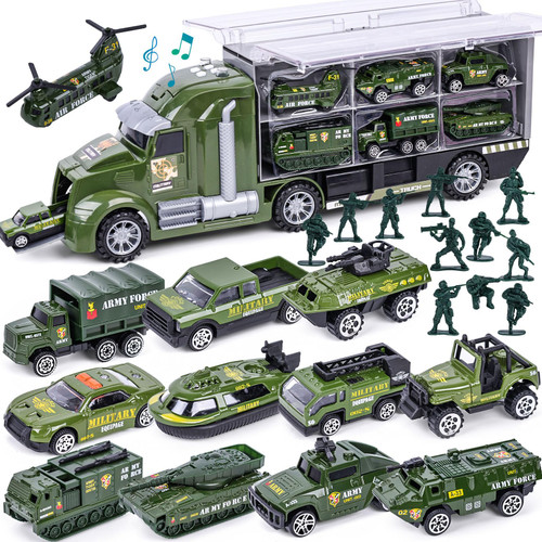 LovesTown 25 in 1 Green Military Big Truck Toys, Army Men Carrier Truck with Tanks & Soldier Men, Battle Vehicles with Lights and Sounds, Birthday Gifts for Boys