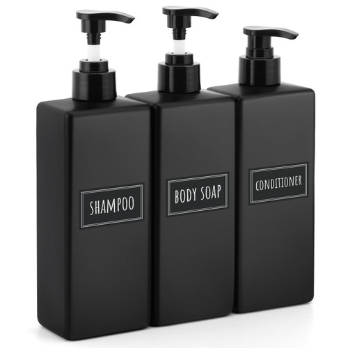 Segbeauty Matte Black Soap Dispenser, 3 Pack 16.9oz Refillable Shampoo and Conditioner Bottles with Labels, 500ml Empty Plastic Square Shower Dispenser Bathroom Soap Dispenser Set for Body Soap