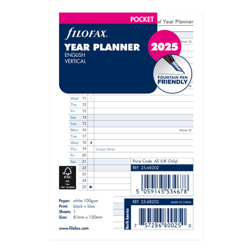 Filofax Calendar Diary Refill, Pocket Size, Vertical Year Planner, White Paper, English, 2025 (C68202-25)
