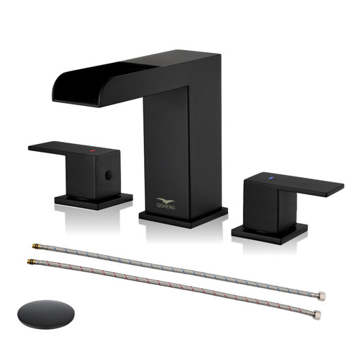 QISHENG Black Bathroom Faucet, 8 Inch Stainless Steel Bathroom Faucet 3 Hole with 2 Handle, Waterfall Bathroom Faucet with Pop-Up Drain and Water Supply Hoses, Suitable for Vanity Rv Lavatory