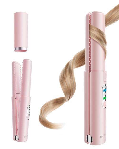XCOOL Cordless Hair Straightener and Curler 2 in 1, Mini Curling Iron Straightener Combo with 5000mAh Battery, Portable Ceramic Flat Iron for Travel, USB-C Rechargeable, 15s Fast Heating, Pink