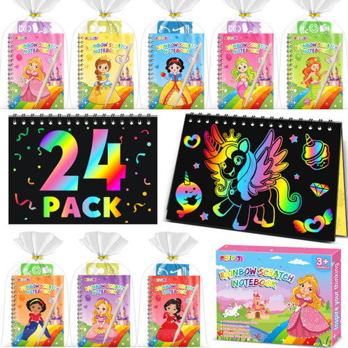 pigipigi Princess Party Favors for Kids: 24 Pack Rainbow Art Scratch paper Notebook, Coloring Book Goodie Bag Stuffer, Bulk Mini Scratch Pad Craft, Cool Activity Gift for Girl Boy Birthday Classroom