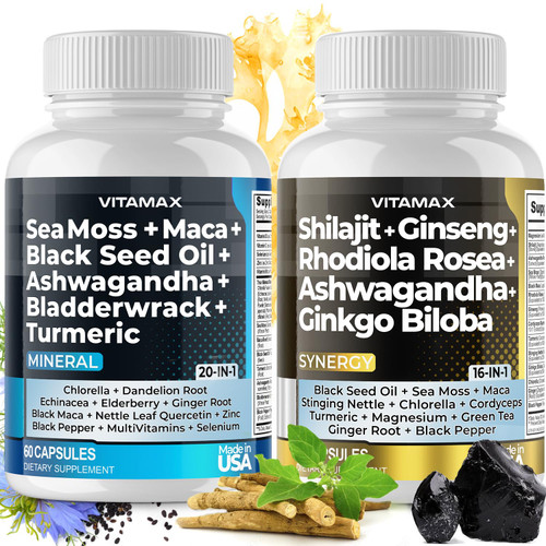 Vitamax Pure Himalayan Shilajit Supplement, Sea Moss, Ashwagandha, Bladderwrack, Gingko Biloba, Organic Capsules & Trace Mineral for - Non-GMO - Vegan - Men and Women – Made in USA