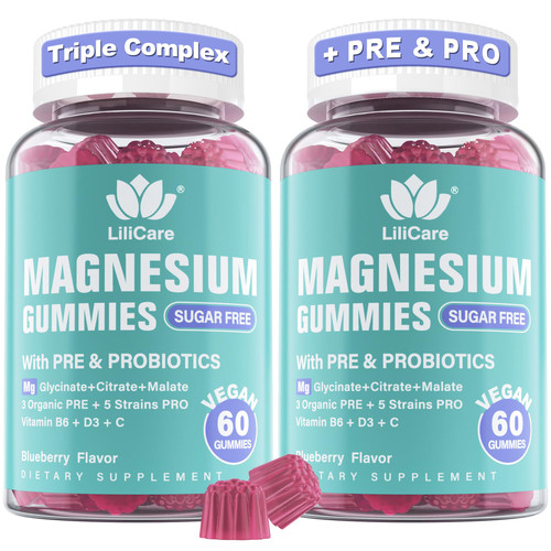 Magnesium Complex Gummies 400 mg for Women Men with Prebiotics and Probiotics, Triple Calm Magnesium Glycinate Malate Citrate Gummy Supplement for Relaxation & Digestive Health-Sugar Free, Vegan 120ct