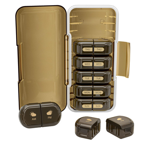 Codcaw Weekly Pill Organizer 2 Times a Day, Moisture-Proof, Detachable Compartments, AM PM Pill Box 2X 7 Day, Travel Pill Organizer for Pills/Fish Oil/Medication/Vitamin/Supplements (Brown)