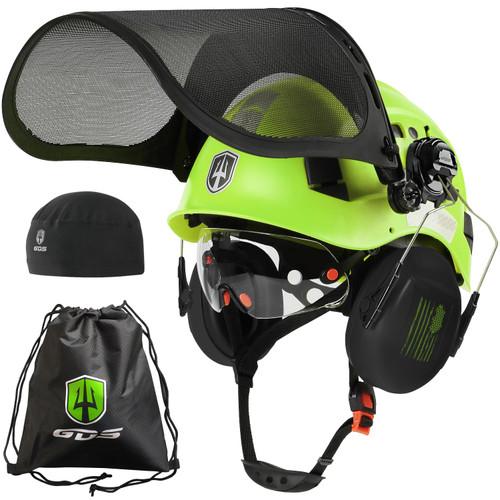 GREEN DEVIL Forestry Chainsaw Safety Helmet with Mesh Face Shield Built-in Visor and Earmuffs 5 in 1 System Vented Arborist Helmet ANSI Z89.1 Hard Hat Logging Garden Work Hardhats for Men Women