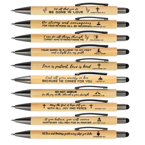 INSADA Bible Wisdom Stylus, Bamboo Christian Pens with Scripture Motivational Quotes - Great for All Ages, Office and School, Also Makes a Great Gift (10 Count) (BP-100)