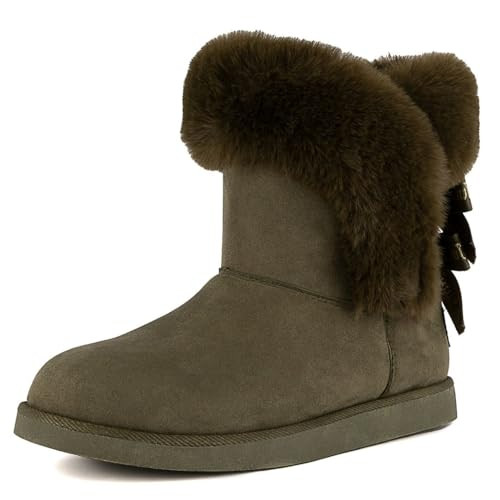 Juicy Couture Women's Slip On Winter Snow Boots Warm & Insulated Fur Lining Comfortable Fashion Booties-King 2-Olive Micro Size 8