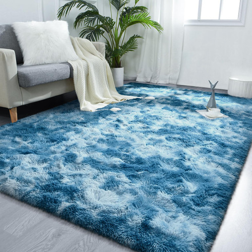 FlyDOIT Large Area Rugs for Living Room, 4x6 Feet Tie-Dyed Dark Blue Shaggy Rug Fluffy Throw Carpets, Ultra Soft Plush Modern Indoor Fuzzy Rugs for Bedroom Girls Kids Nursery Room Dorm Home Decor