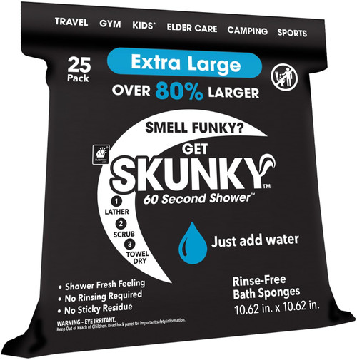 Skunky XL 82% Larger Disposable Rinse-Free Bathing Sponge Wipes, AS-SEEN-ON-TV, Cleans Without a Shower, Just Add Water, Lather, Scrub & Dry With No Sticky Residue, Gym, Elder Care, Kids & More